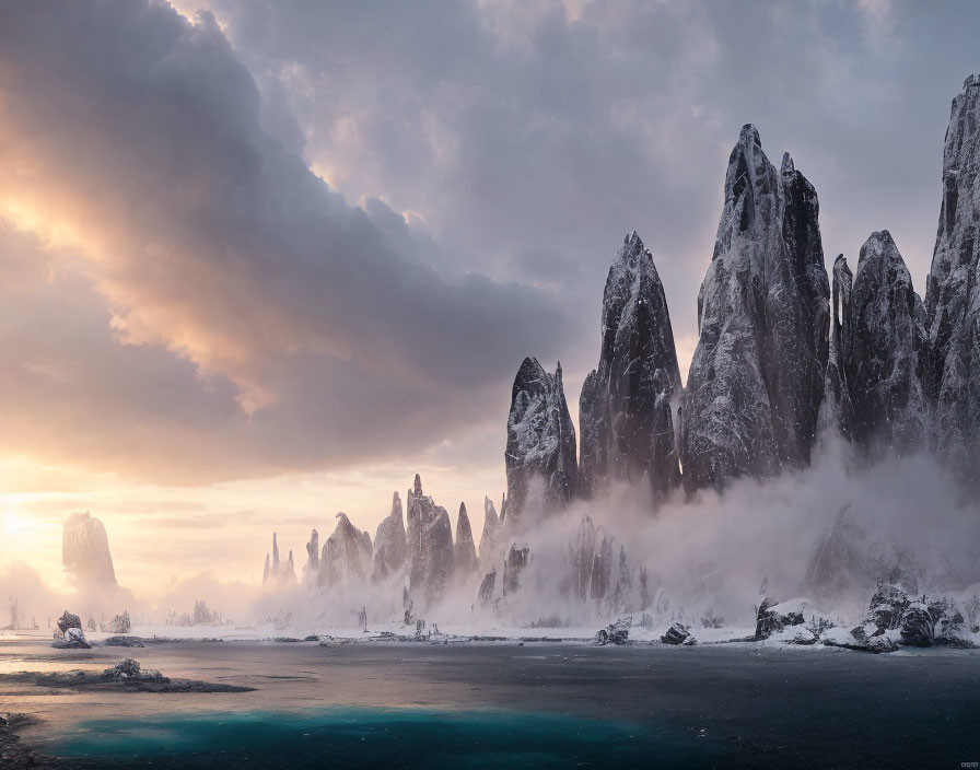 Frozen landscape at sunrise/sunset with mist, ice formations, and turquoise sea.