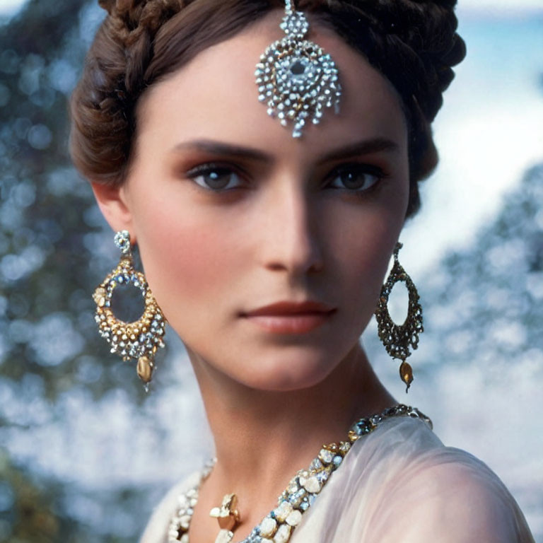 Regal woman with elegant headpiece and jewelry gazes intently