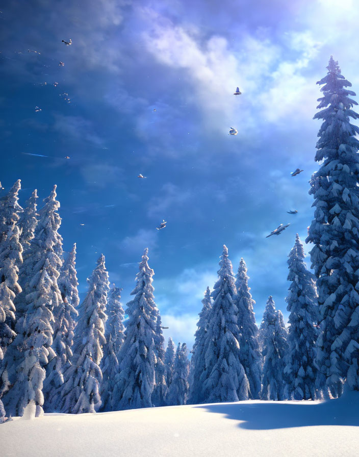 Tranquil winter scene with snow-covered pine trees and flying birds