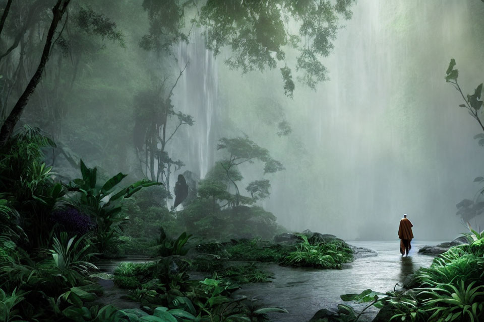 Tranquil forest scene with cascading waterfall and solitary figure