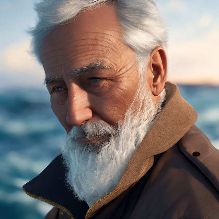 Elderly Man with White Beard in Coat at Sunset Ocean