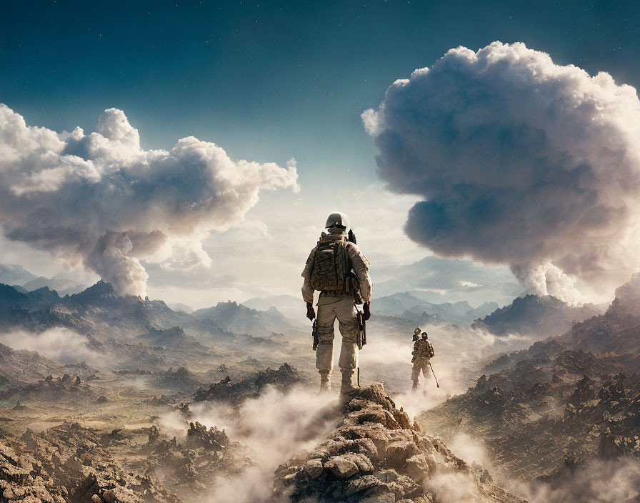 Astronaut guiding another on alien landscape with towering clouds