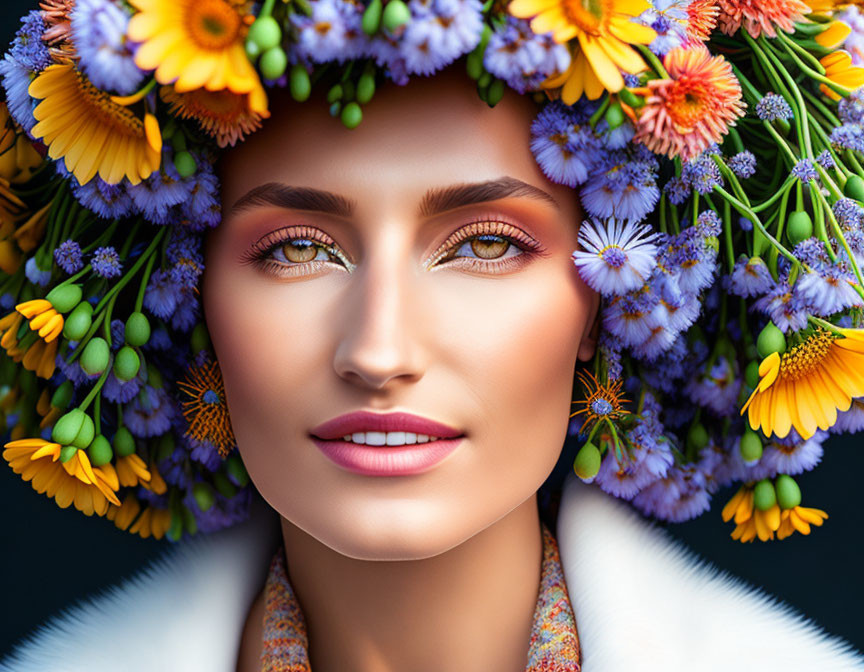 Woman with Striking Makeup and Floral Headpiece in Yellow and Purple