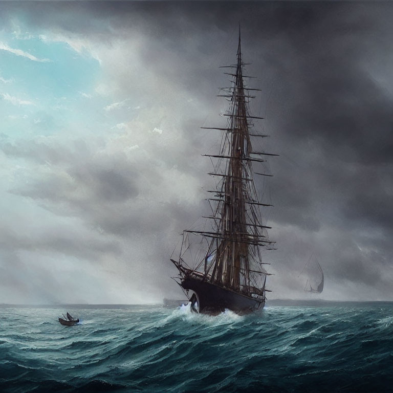 Tall ship sailing in turbulent seas with stormy sky and smaller boats around