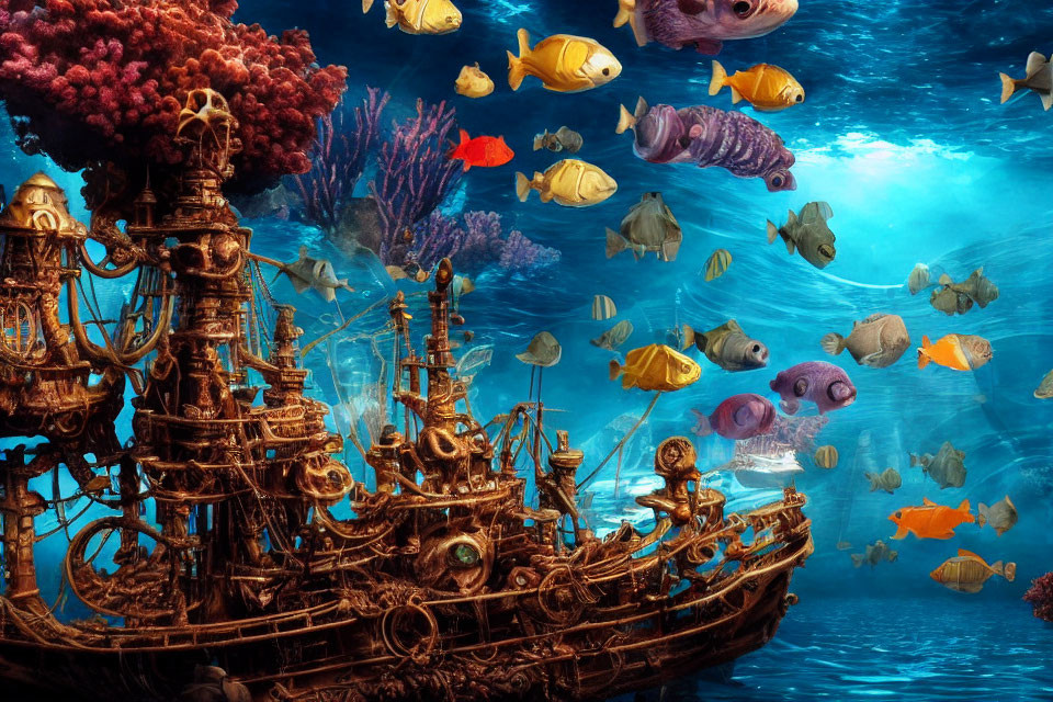 Sunken ship with colorful coral and tropical fish in vibrant underwater scene