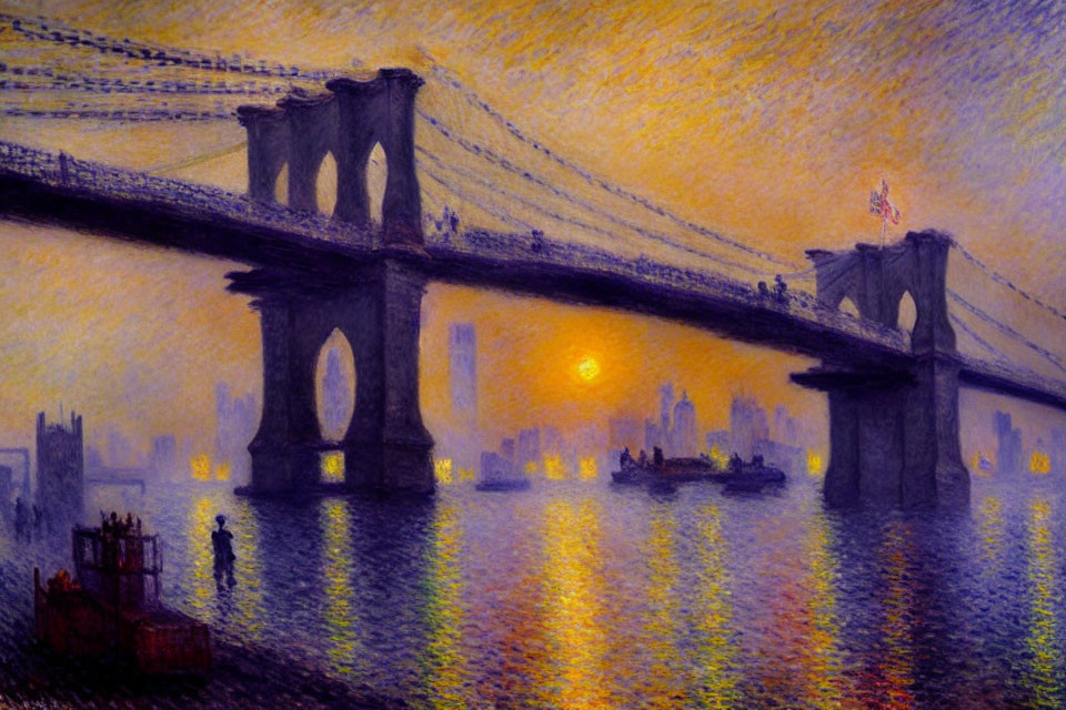 Sunset Impressionist Painting: Silhouetted Bridge, Reflective Water