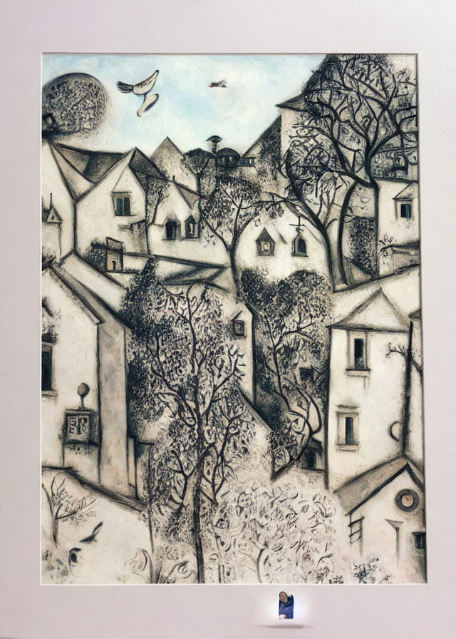 Whimsical village scene with intricate houses, trees, birds, and human figure