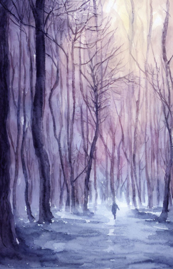 Purple-Hued Forest Watercolor Painting with Walking Figure