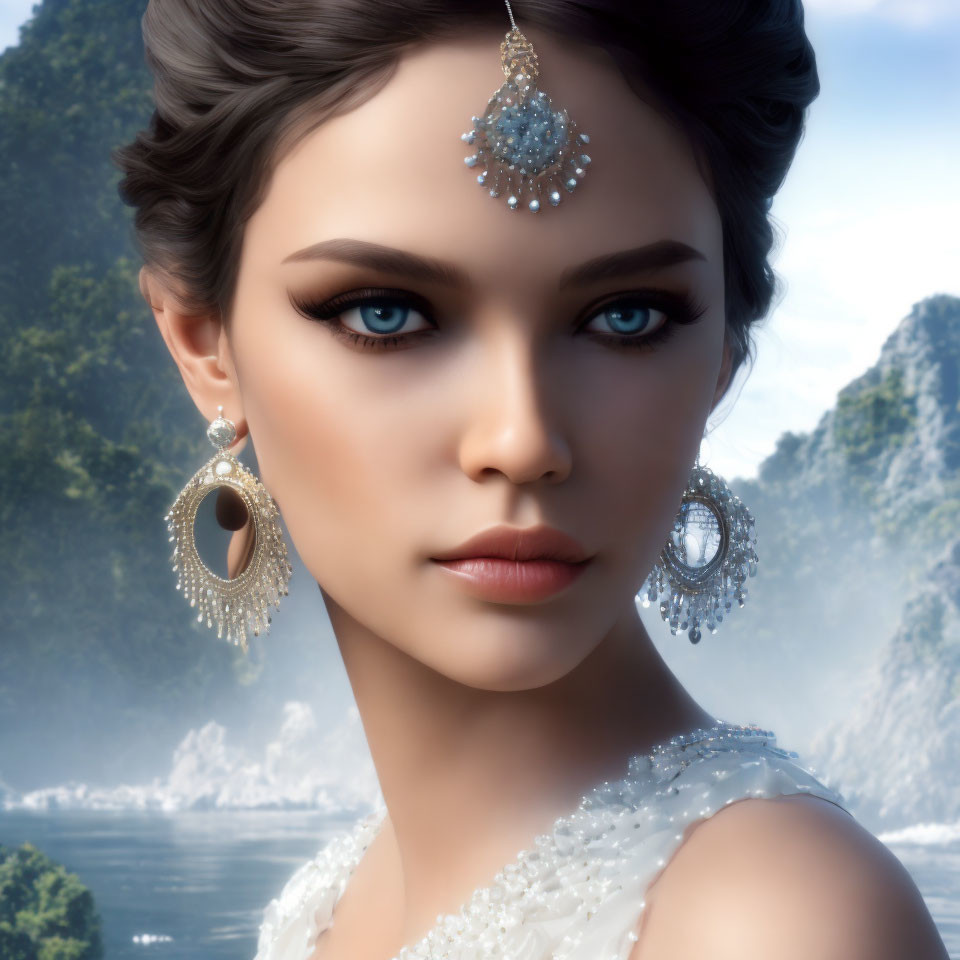 3D render of a woman with striking blue eyes and elegant jewelry against mountain backdrop