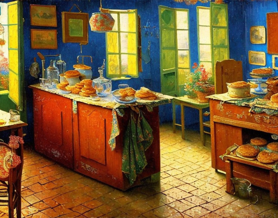 Bright, Rustic Kitchen with Freshly Baked Bread and Art