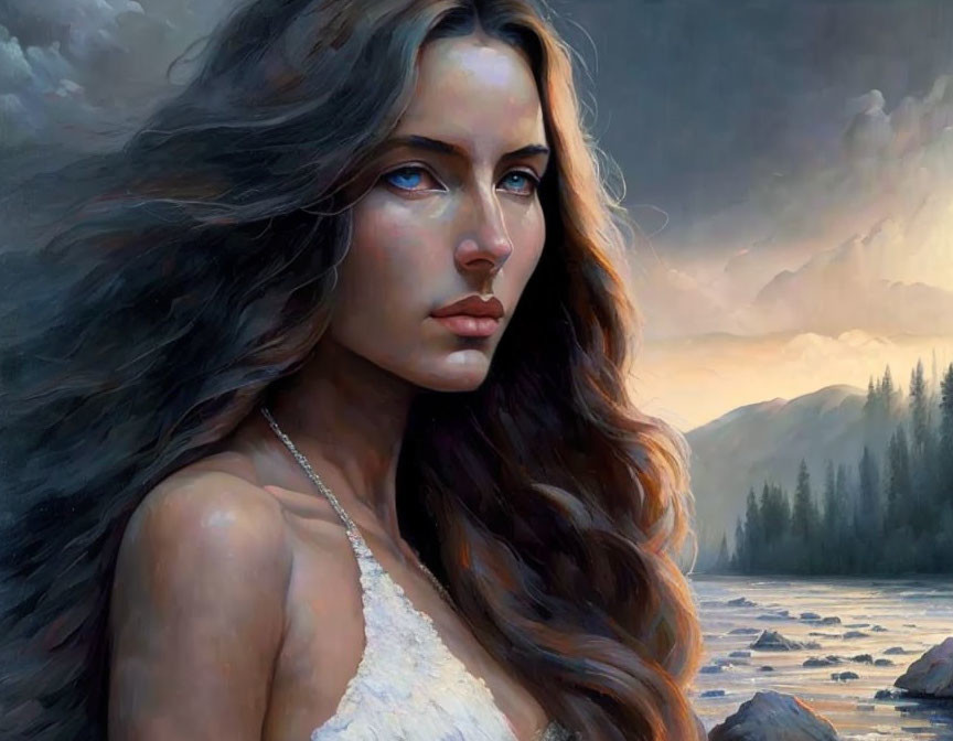 Portrait of a woman with long brown hair and blue eyes in twilight landscape.