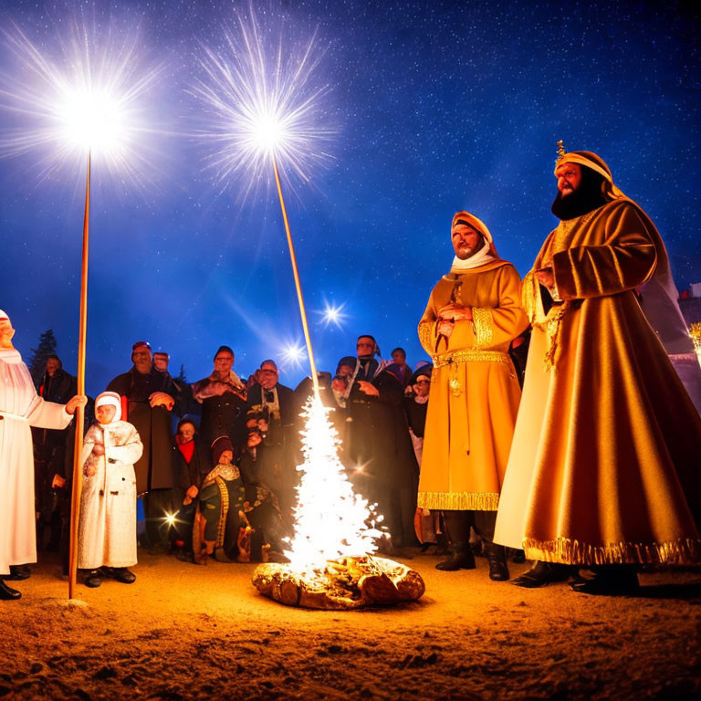 Historical group in torch-lit ceremony under starry sky