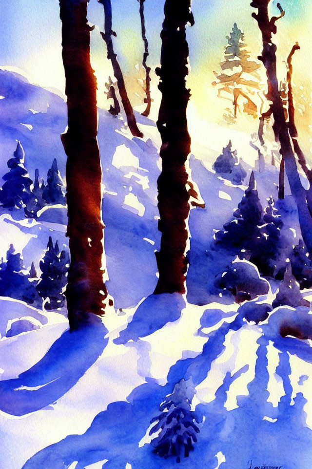 Snowy forest scene with prominent tree trunks in watercolor