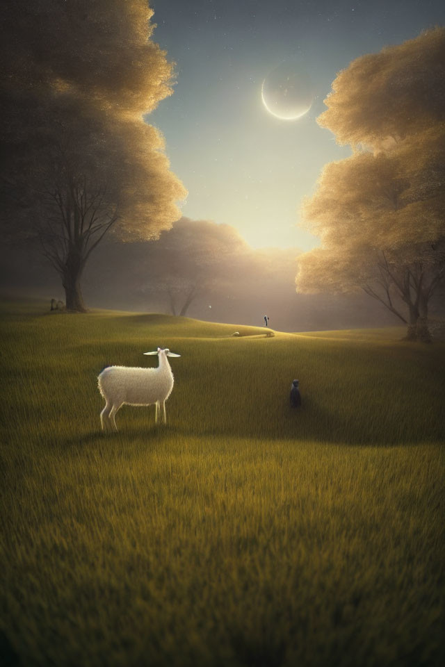 Illuminated meadow at twilight with white llama, figure, dog, crescent moon, and