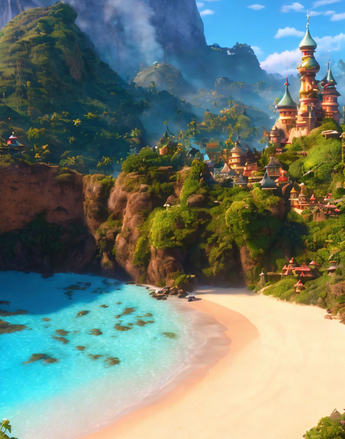 Tropical Beach with Blue Water, Cliffs, and Castle on Verdant Hills