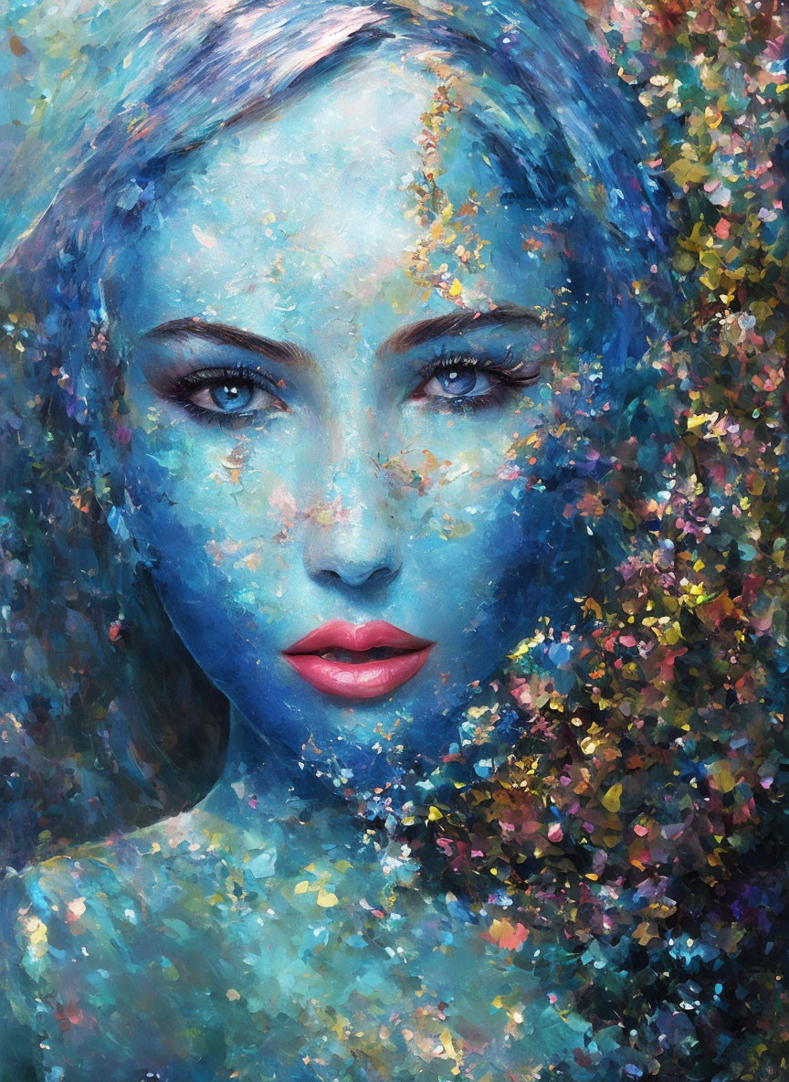 Colorful painting of woman's face with cosmic theme in blues and speckled colors.