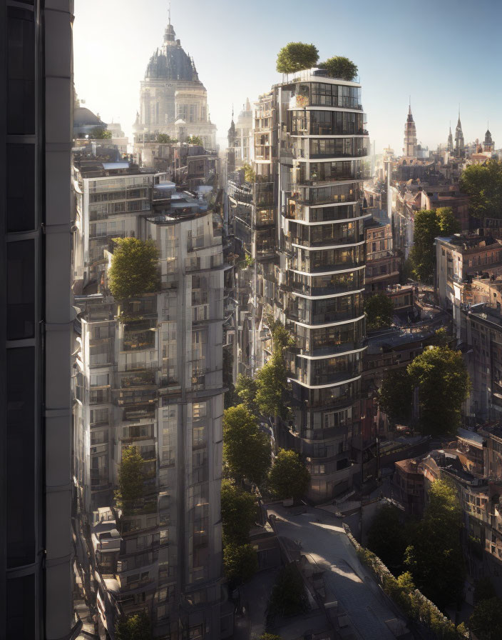 Modern cityscape with greenery under clear sky