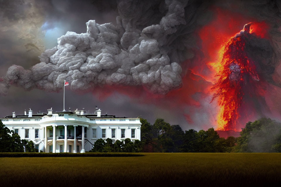 White House with erupting volcano against stormy sky