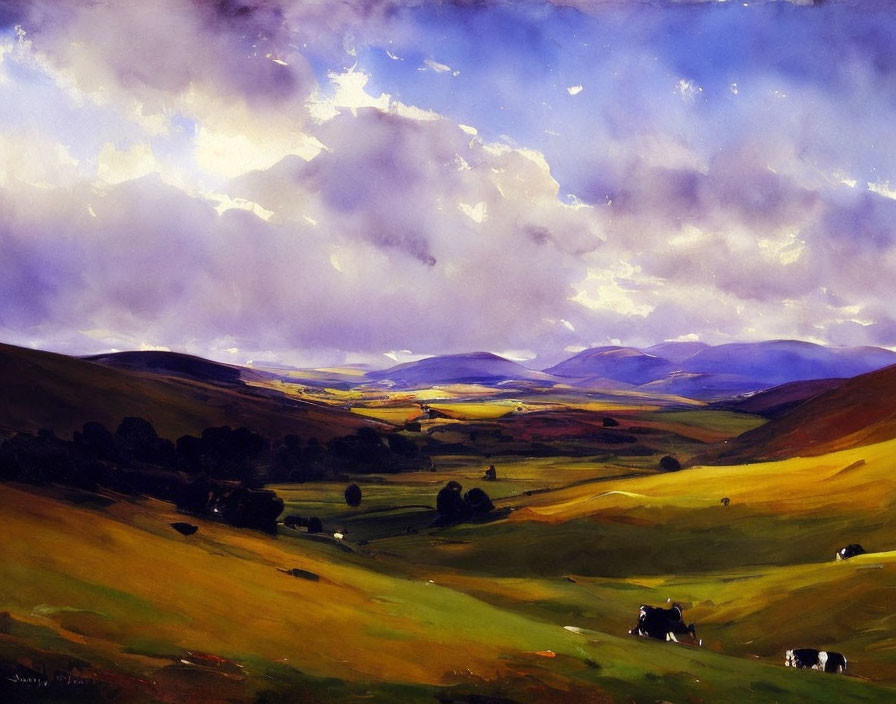 Colorful landscape painting: rolling hills, dynamic sky, grazing cows