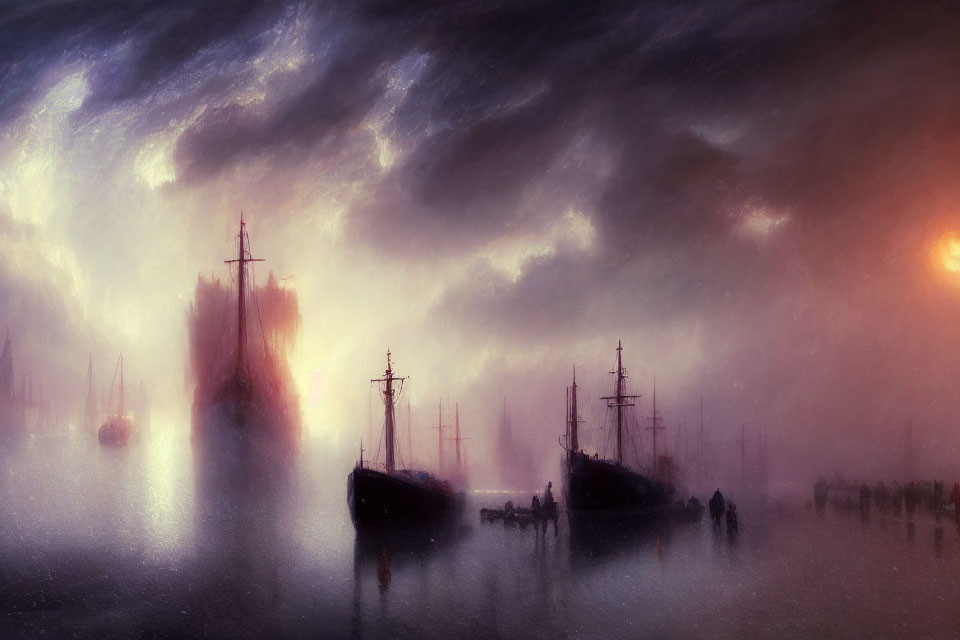 Historic sailing ships in misty seas under dramatic sky.