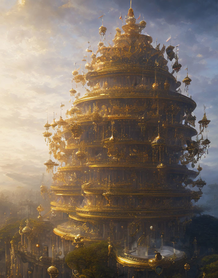 Golden Tower with Ornate Decorations and Lanterns in Misty Sunlight