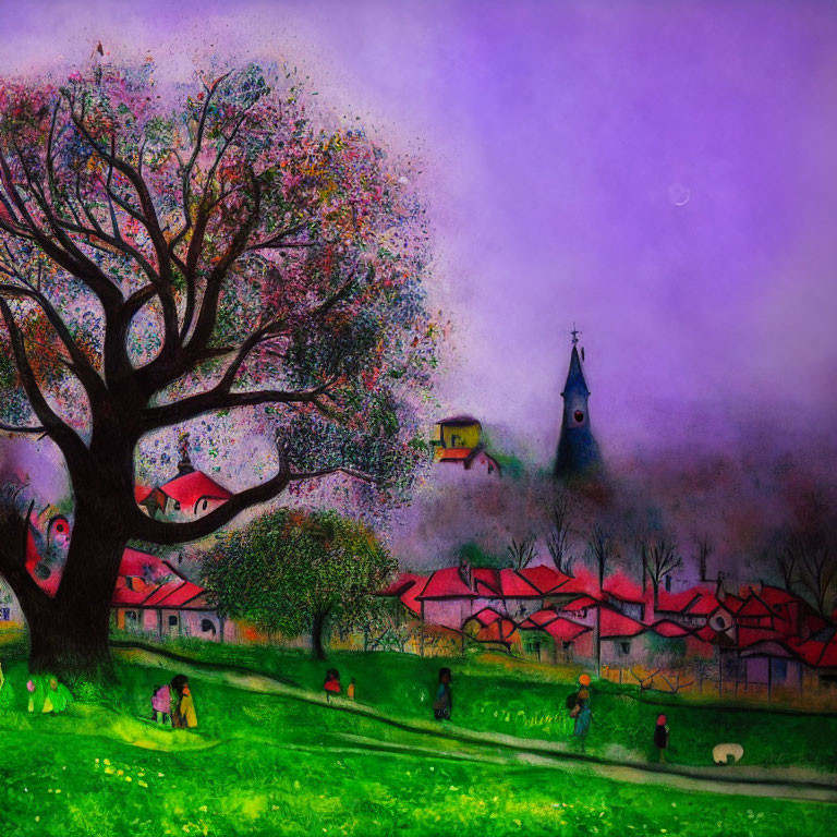 Colorful village painting with tree, houses, and people under twilight sky