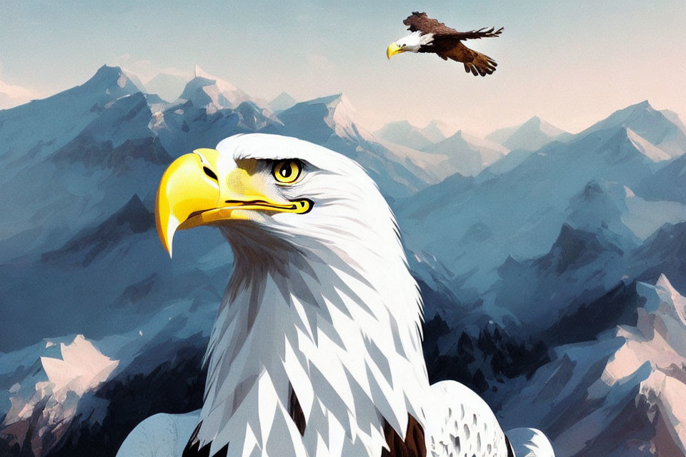 Bald Eagle Close-Up with Flying Eagle and Snow-Capped Mountains