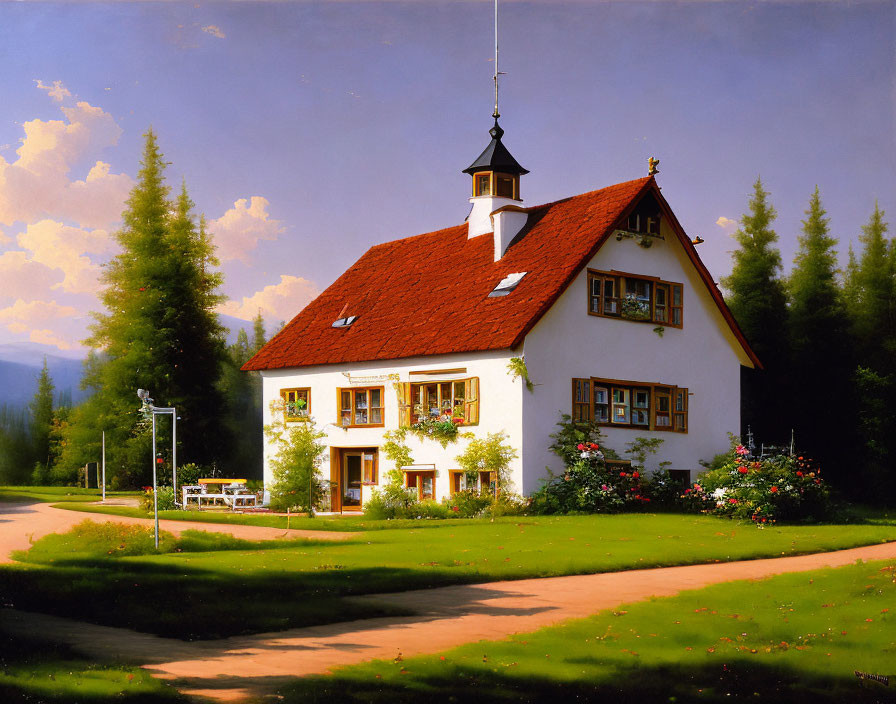 White House with Red Roof Surrounded by Greenery under Blue Sky