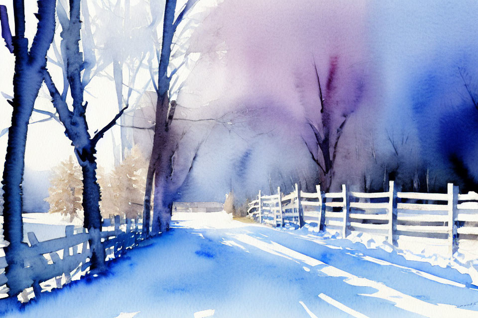 Snowy Winter Watercolor Painting with Trees, Fence, and Blue Purple Sky