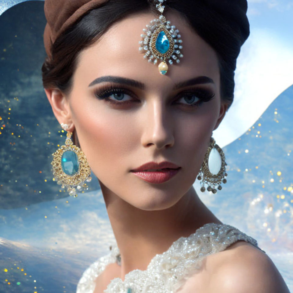 Woman with striking makeup and jeweled accessories against ethereal backdrop