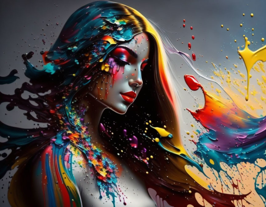 Vibrant digital artwork: colorful woman's profile with paint splashes