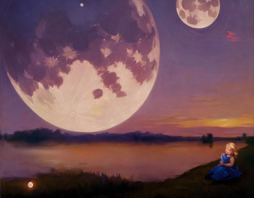 Surreal landscape with large moon, stars, smaller moon, and girl in blue by tranquil water