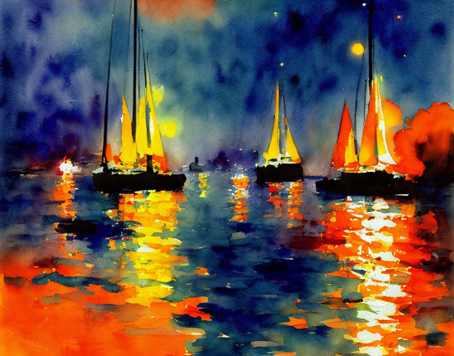 Sailboats watercolor painting with glowing reflections at dusk