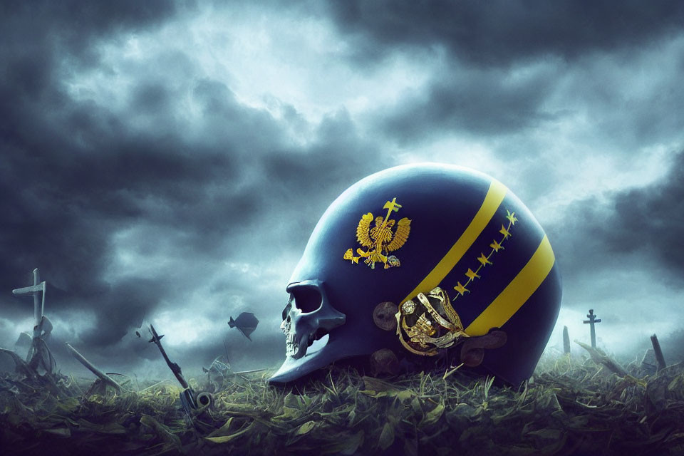 Skull with Military Helmet Design in Stormy Sky and War Symbols