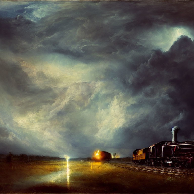 Vintage steam train night journey under dramatic sky with moon and light source