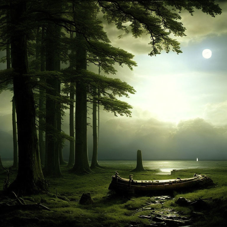 Tranquil forest landscape with moonlit lake & mysterious figure