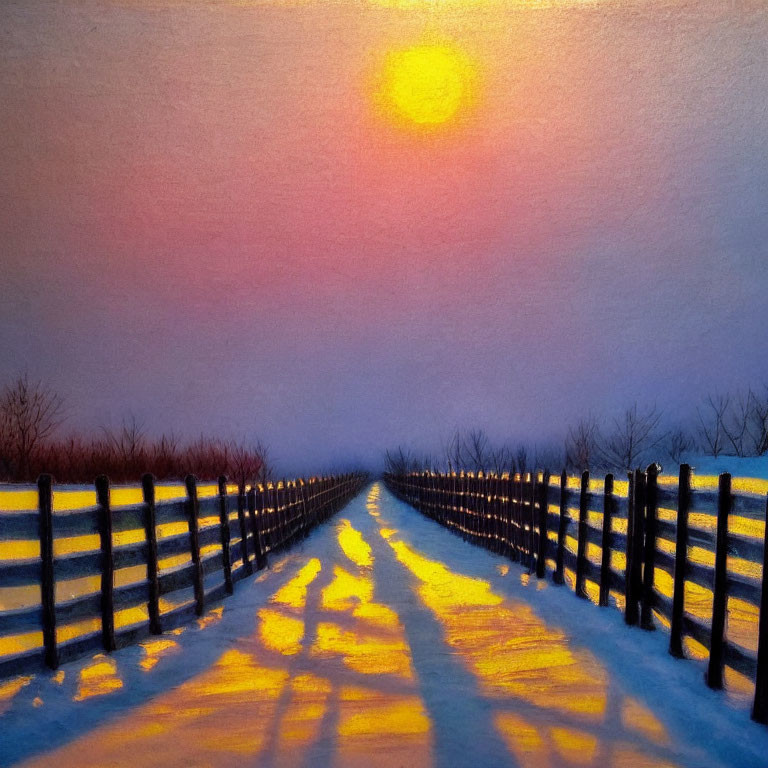 Snowy Path with Wooden Fences in Warm Sunlight