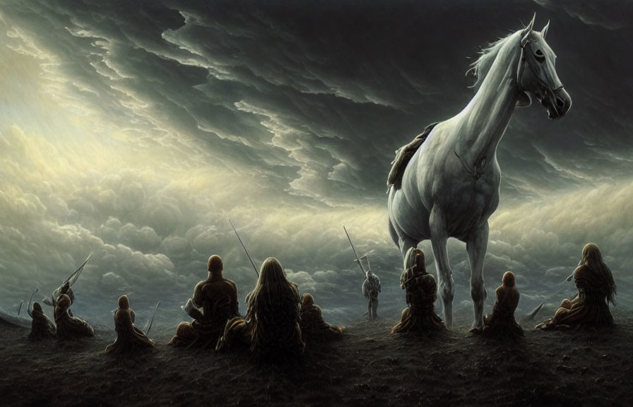 White horse and warriors under dramatic sky