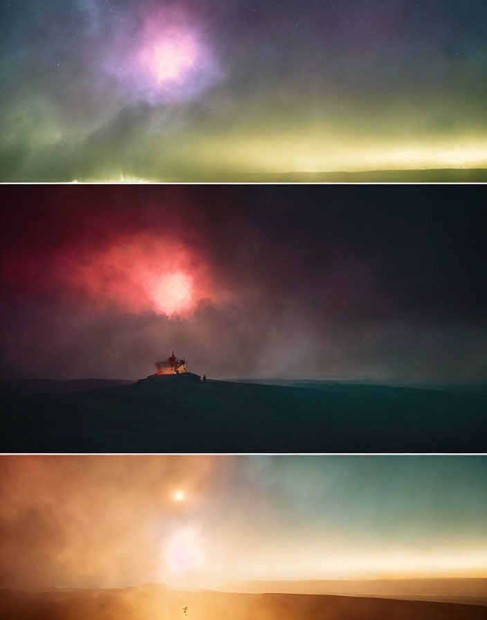 Scenic panels of Northern Lights, starry house, and serene sunset.