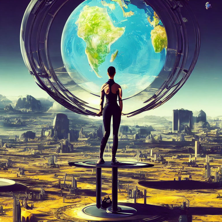 Person on Platform Views Earth Hologram in Futuristic Desert