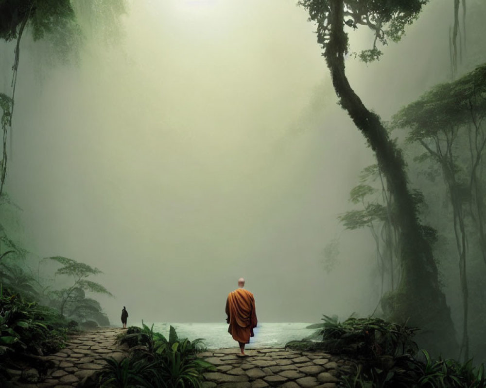 Monk in orange robe walking in misty forest with small dog