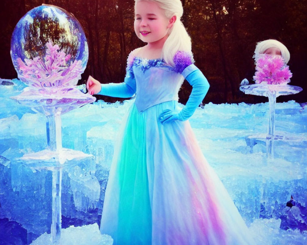 Child in princess costume with crystal orb on ice sculpture in frosty scene