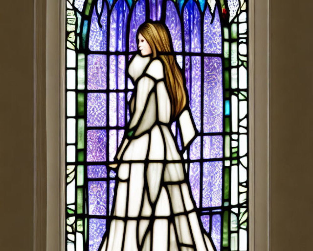 Stained-glass window of contemplative woman in flowing dress