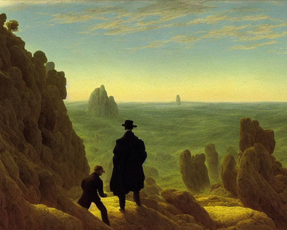 19th-Century Figures in Dramatic Landscape with Rock Formations