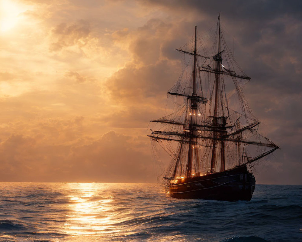 Sailing ship with multiple masts on tranquil sea at sunset