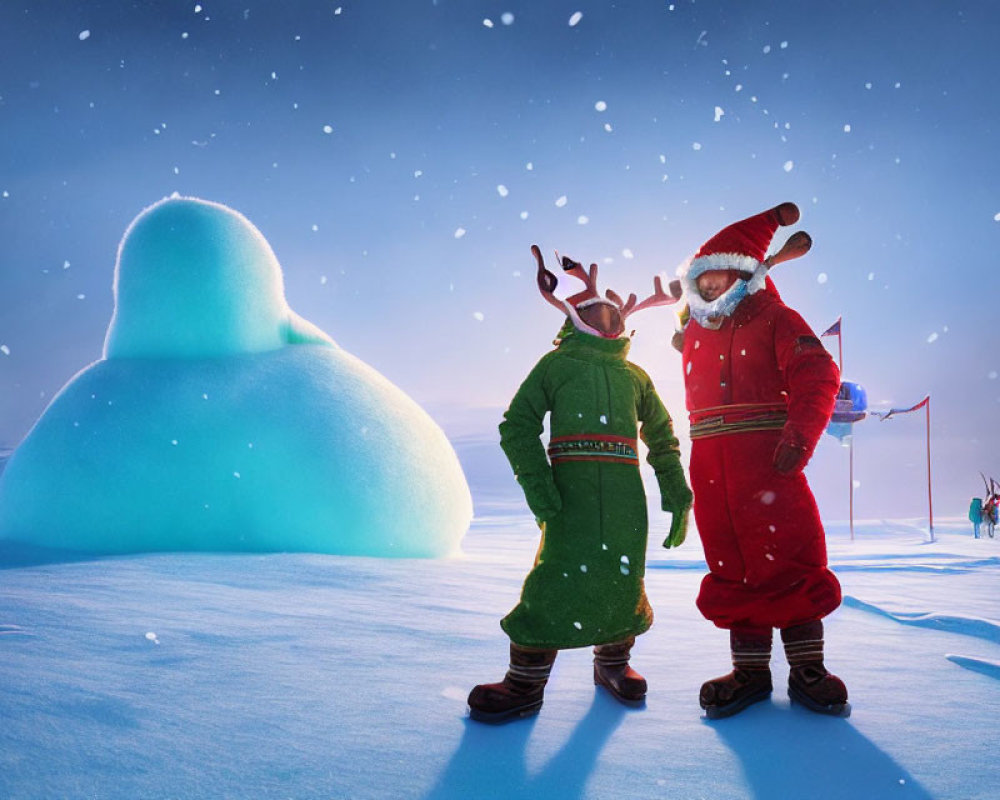 Animated Santa and reindeer characters in snowy landscape with igloo and children.