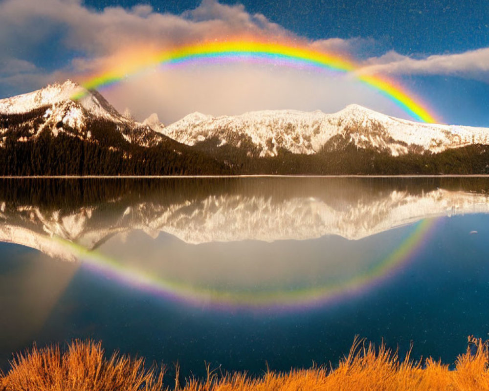 Double rainbow over mountain lake with snowy peaks and amber grasses