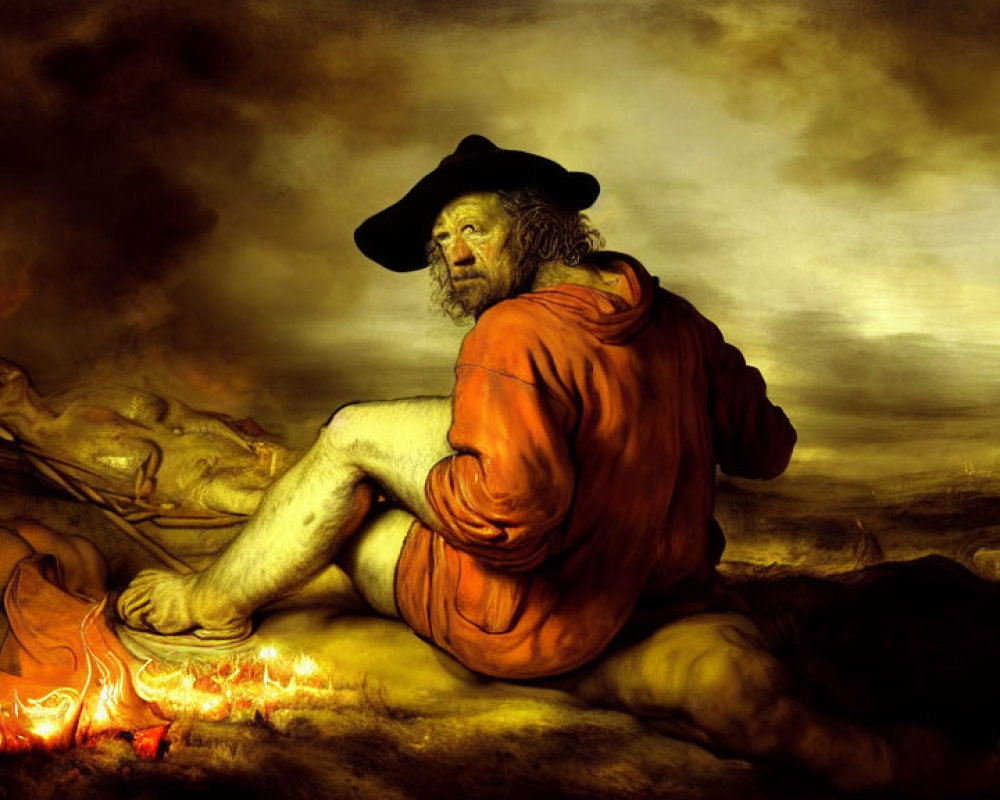 Bearded man in red cloak by fire under dramatic sky