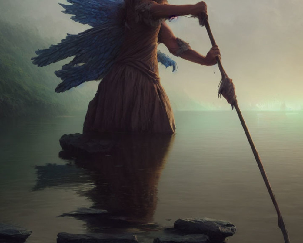 Mythological winged creature with staff in shallow water