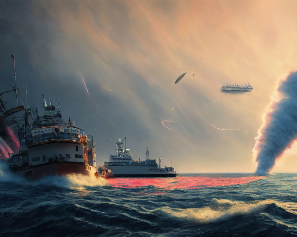 Stormy Seascape with Ships, UFOs, Water Spout, and Dynamic Lighting Reflections